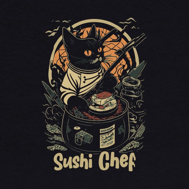 Retro Japanese-Inspired Feline Culinary Cat as Sushi Chef by star trek fanart and more